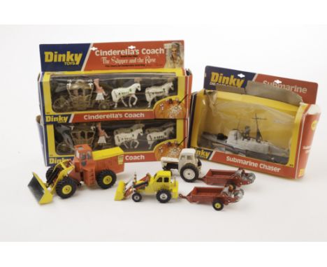 Dinky Toys, 437 Muir Hill Loader, 404 Fork Lift, 321 Manure Spreader (2), 305 David Brown Tractor, 109 Gabriel Model T Ford, 