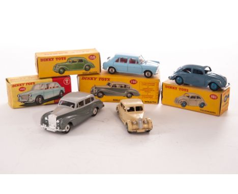 Dinky Toys 1950s-1960s Cars: 158 Riley Saloon in cream with green hubs, 180 Volkswagen in blue with mid blue hubs, 150 Rolls-