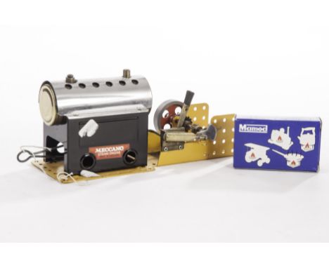 A Meccano Steam Engine: on yellow base with forward and reverse lever and flywheel, burner and pack of Mamod tablets, VG, lig
