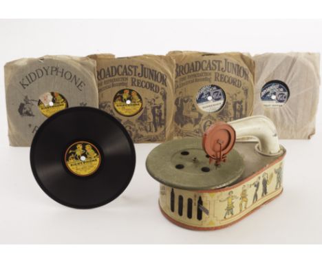 A Tinplate Clockwork Gama Phola Toy Phonograph, two speed with key, spare needles and four records, Kiddyphone No. 5, No. 210