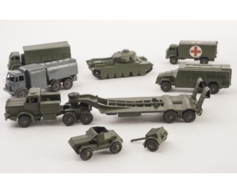 Military Dinky Toys, including 660 Tank Transporter, 621 3-Ton Army Wagon, 642 Pressure Refueller, 643 Army Water Tanker, 622