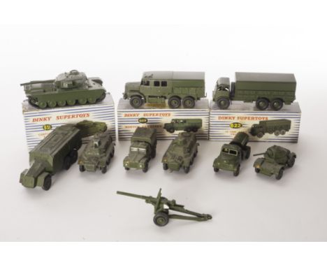 Military Dinky Toys, including 622 10-Ton Army Truck, 689 Medium Artillery Tractor, 651 Centurion Tank, 692 5.5 Medium Gun, 6