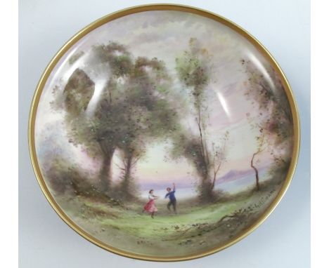 A Royal Worcester bowl, the interior decorated with a Corot style landscape with figures by G H Evans, shape number 769, diam