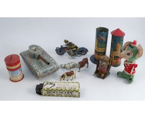 A box of Vintage toys, to include tinplate, lead animals, soldiers etc