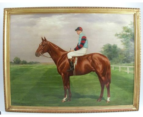 Clarence Hailey, oil on canvas, portrait of a chestnut racehorse with jockey up, 19ins x 26ins