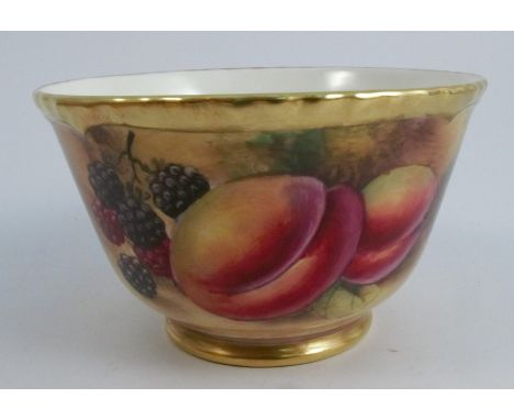 A Royal Worcester sugar bowl, decorated all around with fruit to a mossy background by J Smith, with a gilt edge, diameter 4.