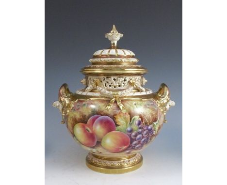 A Royal Worcester covered bow piece vase, the body decorated all around with fruit to a mossy background by D Fuller, shape n