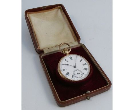 A 14k gold cased open face pocket watch, with engraved floral decoration to the case, the white enamel dial with subsidiary s