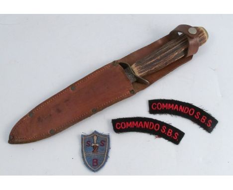 Three WW2 SBS Special Boat Service cloth patches, together with a fighter horn handle private purchase dagger, with sheath&nb