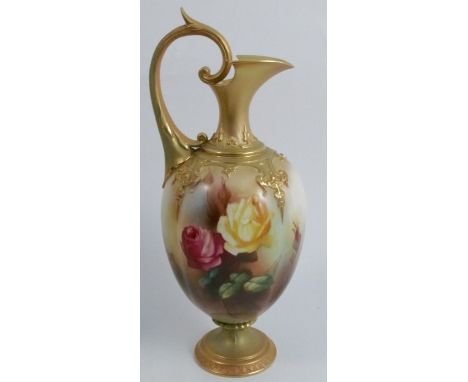 A Royal Worcester Hadleys ewer, the quarter lobbed body decorated with roses by H Martin, dated circa 1907, height 10insCondi