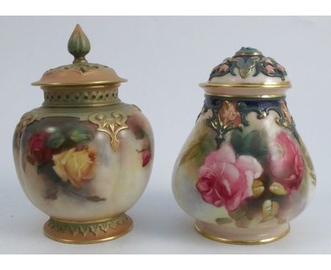 A Royal Worcester Hadley covered pot pourri, with pierced lid and neck, the quarter lobed body decorated with roses, dated 19
