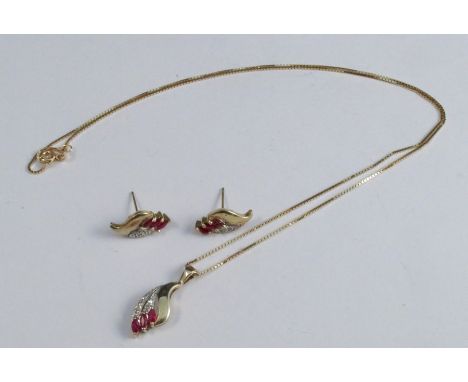 A 9 carat gold ruby and diamond set, the pendant on a 9 carat gold box link chain, together with&nbsp;ear studs,&nbsp;5.7g gr
