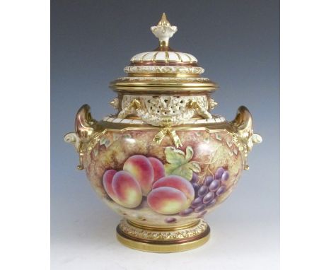 A Royal Worcester covered bow piece vase, the body decorated all around with fruit to a mossy background by D Fuller, shape n