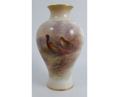 A Royal Worcester vase, decorated with a cock and hen pheasant in landscape to the front by Jas Stinton, and a landscape to t