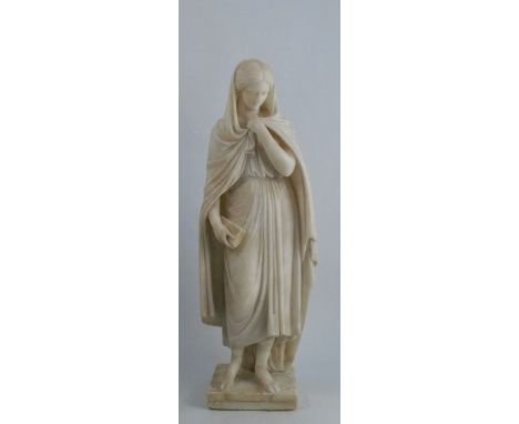 A 19th century alabaster figure, of a girl wearing a cloak and holding a book, af, height 21.25ins