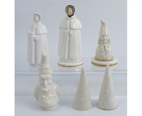 A Stevenson and Hancock Derby porcelain candle snuffer and stand, modelled as a woman wearing a clock with black bonnet, toge