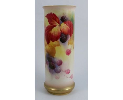 A Royal Worcester cylindrical vase, decorated with Autumnal fruits and leaves by K Blake, shape number 2510, dated 1932, heig