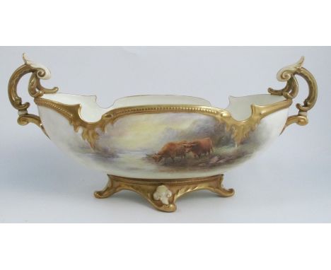 A Royal Worcester oval bowl, with shaped edge, a pair of scroll handles, decorated to the one side with two Highland cattle i