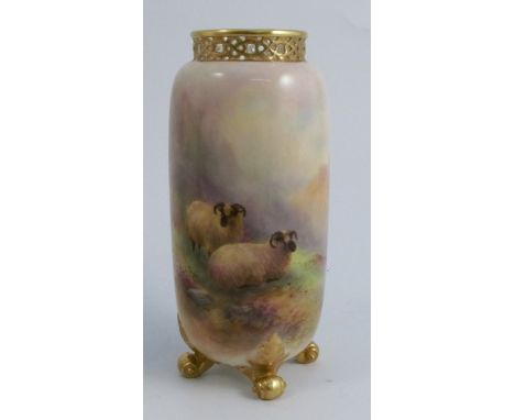 A Royal Worcester cylindrical vase, with pierced neck, the body decorated with sheep in landscape to the front by Stinton, wi