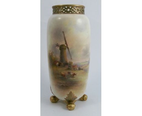 A Royal Worcester cylindrical vase, with pierced neck, the body decorated with English cattle in landscape with a windmill to