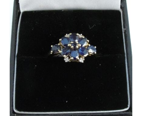 A 9 carat gold sapphire and diamond cluster ring, finger size N, together with a 9 carat gold single stone sapphire ring with