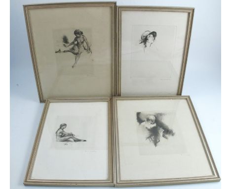 Carl Josef Bauer, four black and white etchings, two of seated nude females, a portrait of a woman wearing a hat and one of t