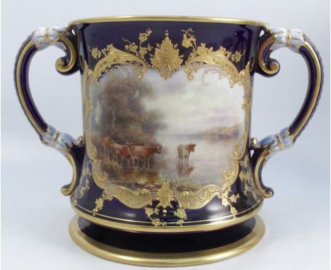 A Royal Worcester two handled loving mug, the one side decorated with a reserve of English cattle watering by John Stinton, t