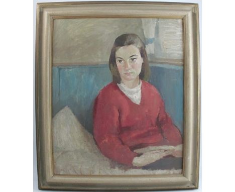 A 20th century oil on board, portrait of a woman wearing a red jumper, holding a book, 23.5ins x 19.5ins