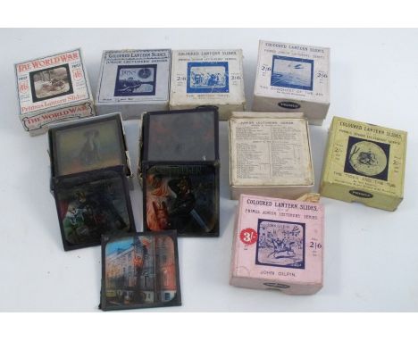 A collection of magic lantern glass slides, some boxed and labelled Primus Junior Lecturers Series, to include The Elephant's