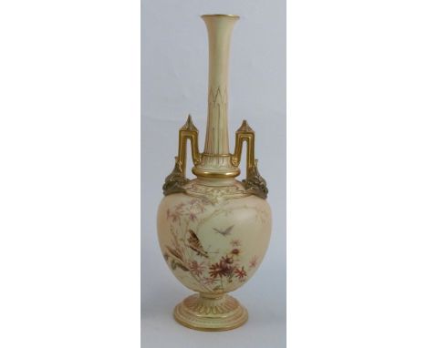 A Royal Worcester blush ivory vase, decorated with flowers and insects, with monogram for Edward Raby, shape number 1406, af,