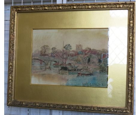 Henry John Yeend King, a 19th Century gilt framed watercolour, boats on a river by a bridge with a church to the background, 