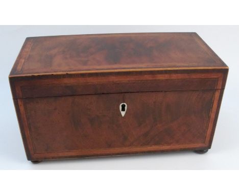 A 19th century mahogany tea caddy, of rectangular form, with satinwood cross banding, the interior fitted with central glass 