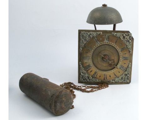 An Antique brass faced hook and spike clock movement, the brass dial with scroll and flower spandrels, brass chapter ring wit