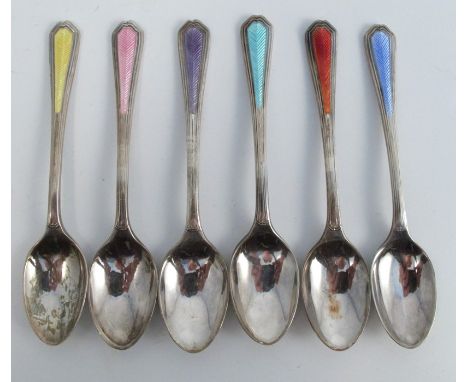 A set of six silver and enamel coffee spoons, each spoon with different coloured enamel decoration, Birmingham 1929