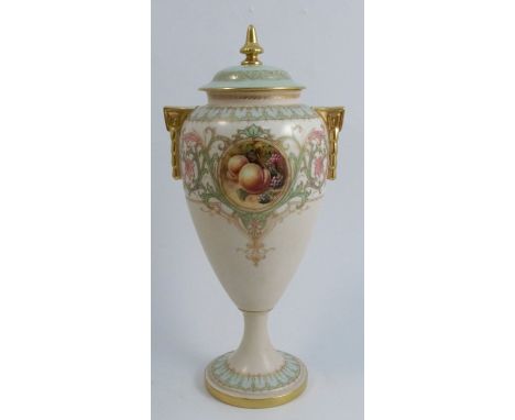 A Royal Worcester covered vase, decorated with a circular reserve of fruit to a mossy background by H Price, with gilt frame 