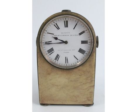A 19th century French travelling clock, the domed shagreen covered case having a white enamel dial with Roman numerals inscri
