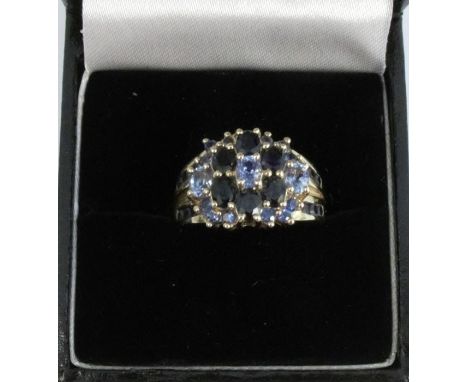 A 9 carat gold sapphire and tanzanite cluster ring, finger size M, 5.4g gross