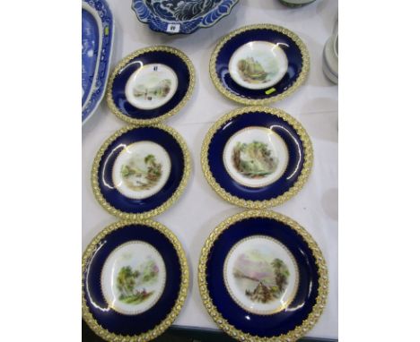 WORCESTER DESSERT PLATES, set of six Graingers Worcester gilt blue bordered topographical dessert plates 