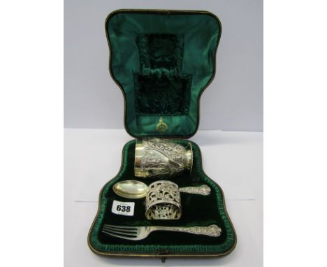 QUALITY VICTORIAN SILVER CHRISTENING SET, Victorian silver mug with lion mask decoration in relief with simiilar spoon, fork,