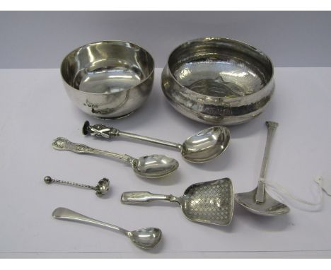 SILVER BOWL, plain HM London silver bowl, a Victorian silver caddy spoon with Birmingham HM, 4 other assorted silver spoons, 