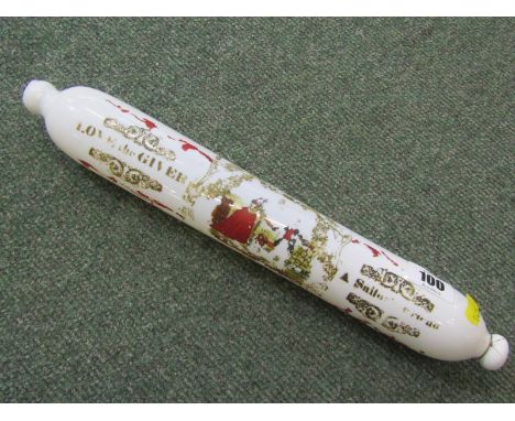 ANTIQUE GLASSWARE, a Victorian milk glass rolling pin with remains of original Sailors Arms decoration, 