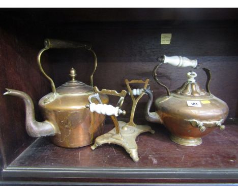 ANTIQUE METALWARE, Victorian copper spirit kettle on stand, together with 1 other copper acorn finial kettle 