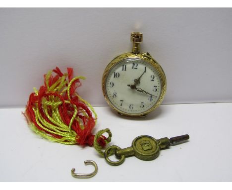 LADIES GOLD FOB WATCH, 14ct gold cased fob watch, case with engraved decoration, on white enamel dial, 17.2 grms overall 