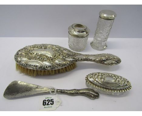 SILVER TRINKET JAR, silver topped vanity jar with hob nail cut glass decoration, also silver handled shoe horn, silver backed