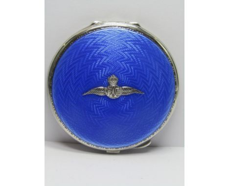 WHITE METAL RAF LADIES COMPACT; Blue enamel top with engine turned design, central RAF wings badge, in good condition 