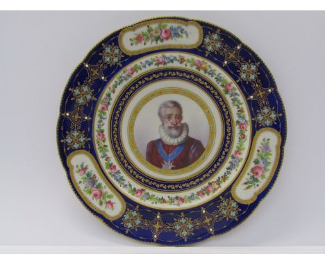 SEVRES-STYLE CABINET PORTRAIT PLATE, gilt and jewelled border cabinet plate, "Portrait of Henri IV", pseudo crossed "L" mark 