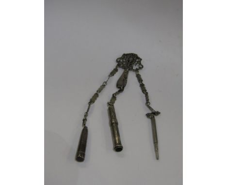 VINTAGE SILVER CHATELAINE, with propelling pencils &amp; needle holder 