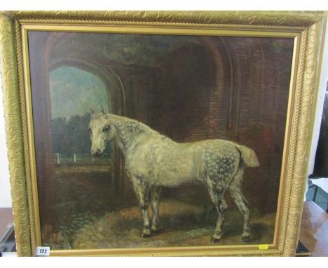 EQUESTRIAN PORTRAIT, 19th Century oil on canvas "Horse within an Interior", 20" x 22" 