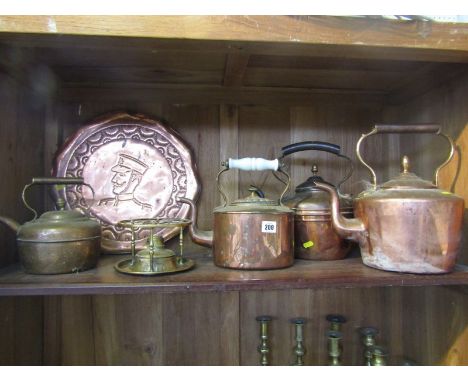 METALWARE, 4 copper kettles, embossed copper portrait plaque and brass burner stand 