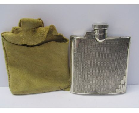 SILVER HIP FLASK, Art Deco design silver hip flask with engine turned decoration, London 1939, 3ozs 